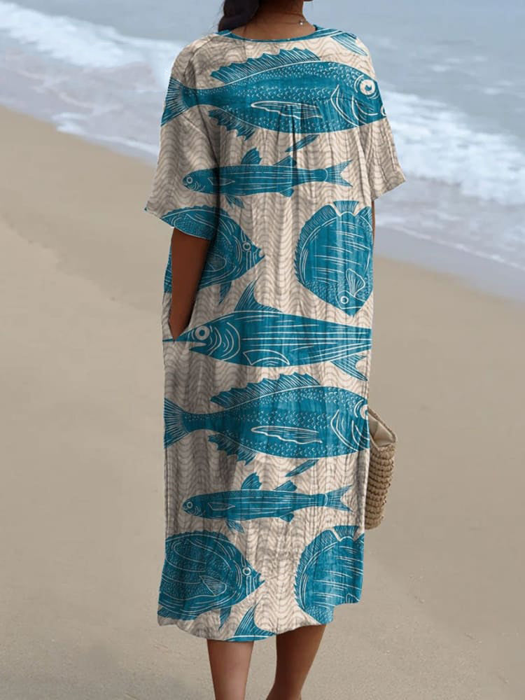 Gradient Fish Scale Art Print Vintage Short Sleeve Two-Piece Midi Dress