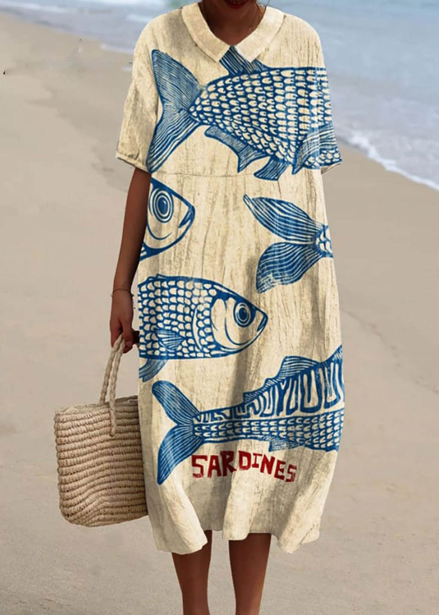Women's Vintage Fish Sardines Art Print Pocket Linen DressConvertible ...