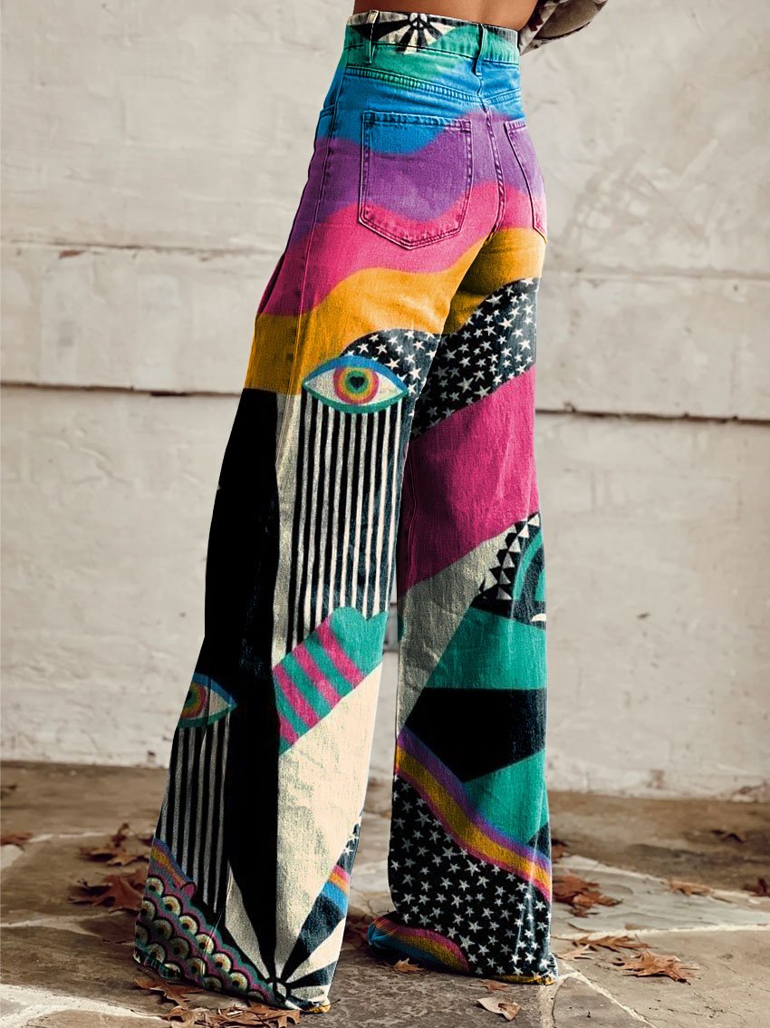 American Style Paintings Print Denim Wide Leg Pants Spring main image 1
