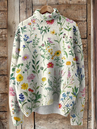 Lovely Floral Art Print Knit Turtleneck Pullover Sweater