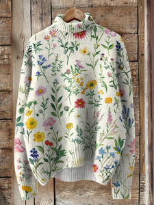 Lovely Floral Art Print Knit Turtleneck Pullover Sweater