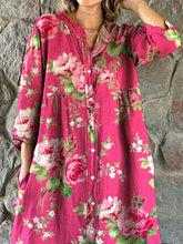 Load image into Gallery viewer, Women&#39;s Art Rose Floral Pattern Cotton and Linen Dress with Pockets