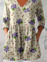 Load image into Gallery viewer, Women's Elegant Floral Pattern Round Neck Cotton and Linen Top