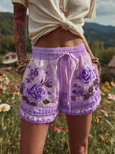 Load image into Gallery viewer, Women's Patchwork Rose Floral Contrast Drawstring Shorts