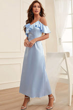 Load image into Gallery viewer, Formal Light Blue Satin Cold Shoulder Ruffle Maxi Dress