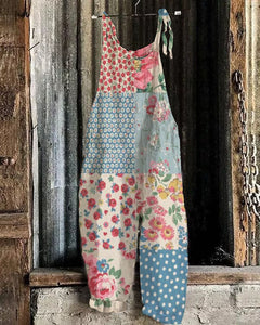 Retro Contrast Floral Bohemian Loose Jumpsuit