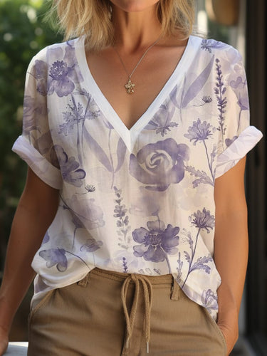 Women's Purple Floral Print  V-Neck T-Shirt