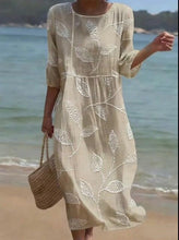 Load image into Gallery viewer, Women's Casual  Round Neck Mid Sleeve Print Cotton and Linen Dress