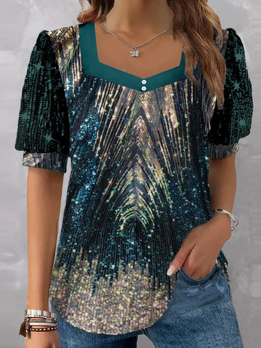Women's Short Sleeve V-neck Graphic Printed Sequins Stitching Top
