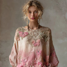 Load image into Gallery viewer, Pink Butterflies Boho Embroidered Gradient Flowy Linen Tunic