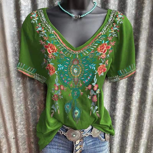 Women's V-neck Fashion Floral Print T-shirt