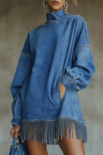 Load image into Gallery viewer, Women Casual Denim Blue Mini Dress Turtleneck H-Line Fall Daily