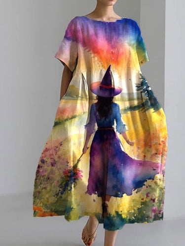 Women's Halloween Witch Oil Painting Design Casual Pocket Loose Dress