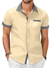 Load image into Gallery viewer, Men's summer cotton and linen houndstooth solid color short-sleeved shirt
