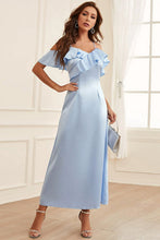 Load image into Gallery viewer, Formal Light Blue Satin Cold Shoulder Ruffle Maxi Dress