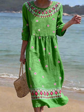 Load image into Gallery viewer, Women's Casual  Round Neck Mid Sleeve Print Cotton and Linen Dress