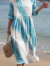 Load image into Gallery viewer, Women's Casual  Round Neck Mid Sleeve Print Cotton and Linen Dress