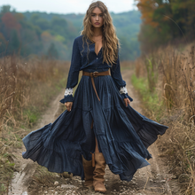 Load image into Gallery viewer, Women's Retro Pastoral Style Lace Long-sleeve Linen Maxi Long Dress