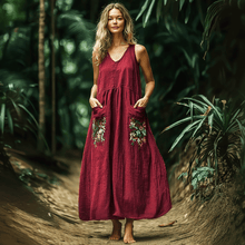 Load image into Gallery viewer, Women's Vintage Contrast Pocket Sleeveless Linen Maxi Dress