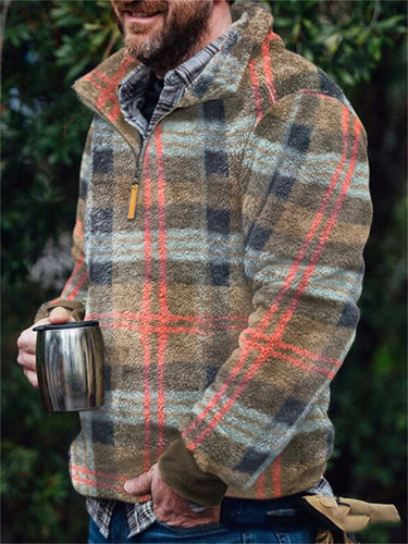 Wearshes Men's Vintage Plaid Zip Up Fleece Pullover