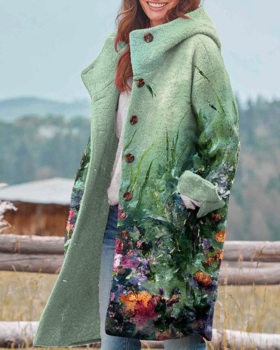 Vintage Floral Print Hooded Long Sleeve Jacket