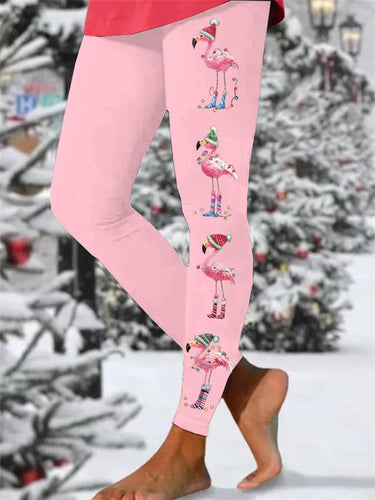 Women's Christmas Flamingo Print Skinny High Stretch Leggings