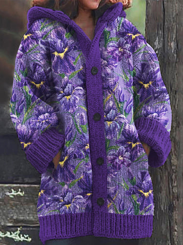 Purple Floral Women's Cozy Sweater Hooded Cardigan