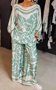 Women's Round Neck Printed Satin Suit