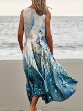 Load image into Gallery viewer, Women's Blue Flowers Butterfly Pocket Pinafore Linen Dress