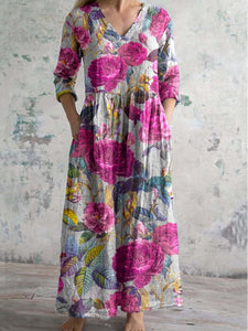 Women's Elegant V-Neck Floral Pattern Cotton and Linen Dress