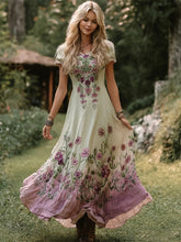 Load image into Gallery viewer, Boho Floral Embroidery Gradient Women's Linen Short Sleeve Maxi Dress