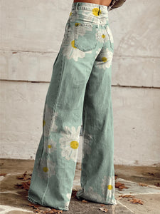 Women's Vintage Daisy Flower Pattern Print Casual Wide Leg Pants