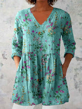 Load image into Gallery viewer, Women's Elegant Floral Pattern Round Neck Cotton and Linen Top