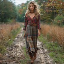 Load image into Gallery viewer, Women's Retro V-neck Plaid Long-sleeve Bohemian Pastoral Style Maxi Long Dress