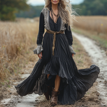 Load image into Gallery viewer, Women's Vintage Pastoral Style V-neck Linen Long-sleeve Maxi Long Dress