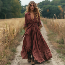 Load image into Gallery viewer, Women's Retro Pastoral Style Lace Long-sleeve Linen Maxi Long Dress