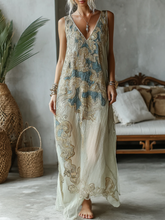 Load image into Gallery viewer, Vintage Marble Texture Collection Retro Bohemia Gradient Gilded Pattern Linen Maxi Dress