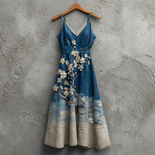 Load image into Gallery viewer, Women's Cherry Blossoms Embroidery And Waves Art Linen Suspenders Dress