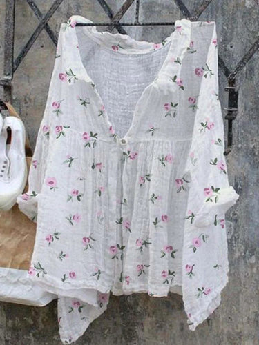Women's Watercolor Floral Print Casual Cotton Linen Shirt