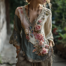Load image into Gallery viewer, Women's Vintage Rose Floral Linen T-shirt