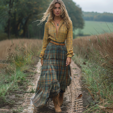 Load image into Gallery viewer, Women's Vintage V-neck Bohemian Pastoral Plaid Style Long-sleeve Maxi Long Dress