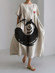 Whale Breach Japanese Brush Art Linen Blend Maxi Dress