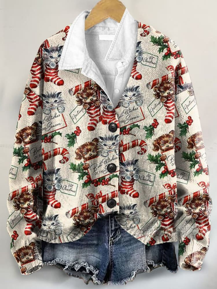 Christmas Retro Pattern Art Print Buttoned V-neck Cardigan Sweater