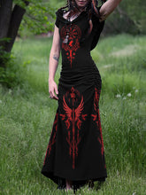 Load image into Gallery viewer, Viking Totem Print Suspender Hooded Maxi Dress