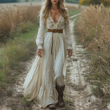Load image into Gallery viewer, Women's Vintage V-neck Bohemian Pastoral Style Long-sleeved Maxi Long Dress