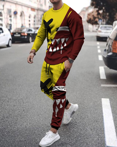Men's casual Halloween color matching print long-sleeved sports set 045