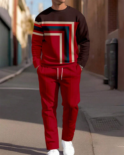 Men's Simple Colorblock Round Neck Casual Sports Set 0195