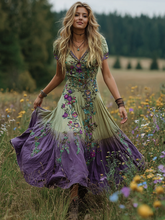 Load image into Gallery viewer, Vintage Purple Floral Embroidery Linen Short Sleeve Dress