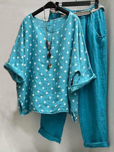 Load image into Gallery viewer, Casual Polka Dot Crew Neck Blouse &amp; Pocket Pants 2Pcs Set