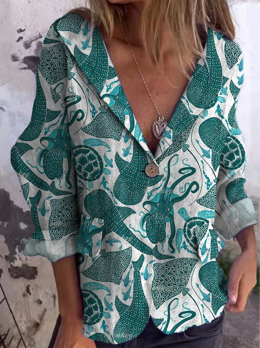 Vibrant Sea Creatures Pattern Printed Women's Linen And Cotton Pocket Coat